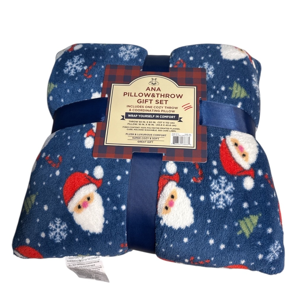 ANA Pillow & Throw Gift Set Santa‎ Snowflake Tree Flannel Fleece 50x60 Navy Blue